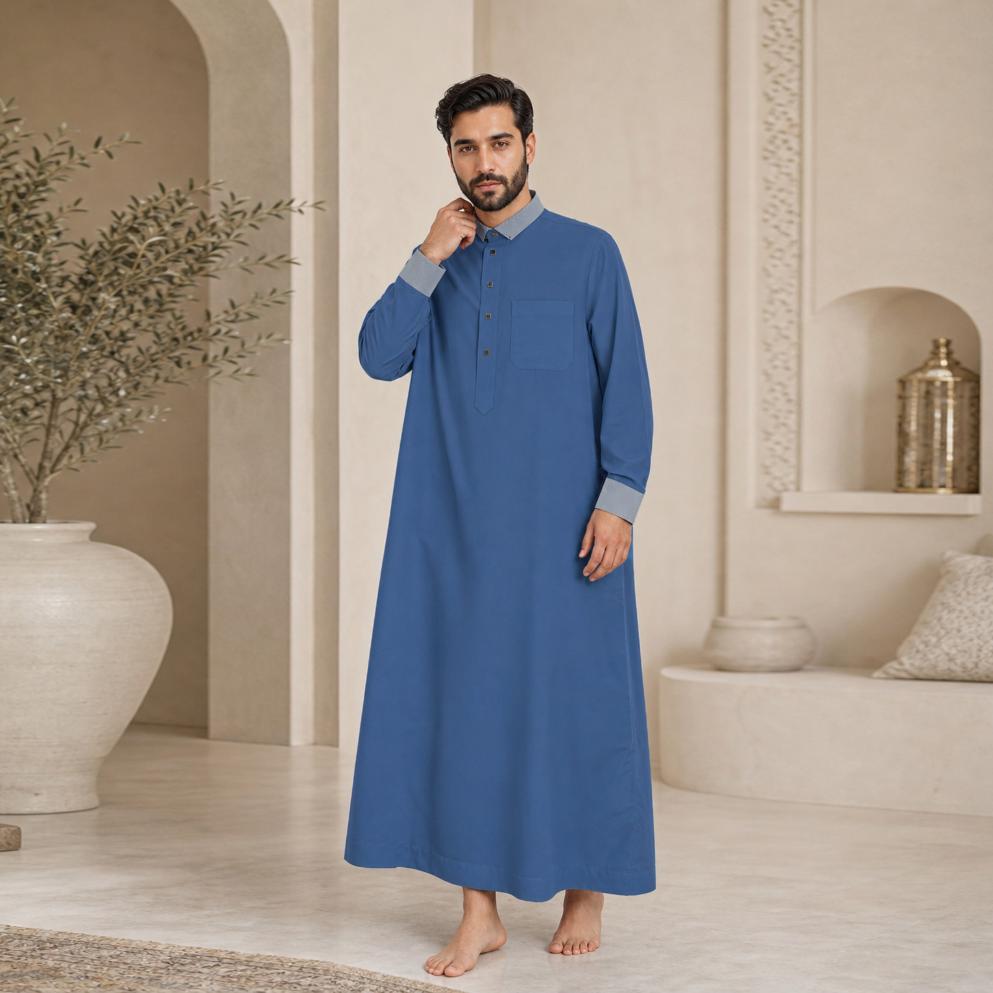 Fn207 New Men's Solid Color Robe with Contrasting Collar, Half-Open Front, Loose Straight-Cut, Simple Style, Export Jacket