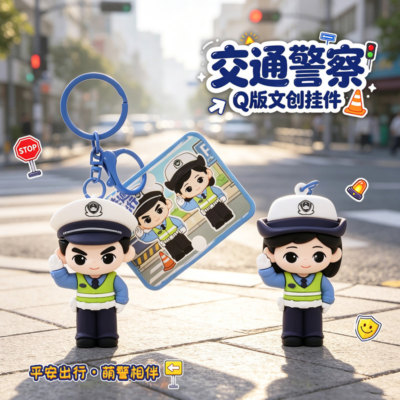 Cartoon police officer keychain, traffic safety promotional gift, 3D pendant, student backpack accessory, small gift
