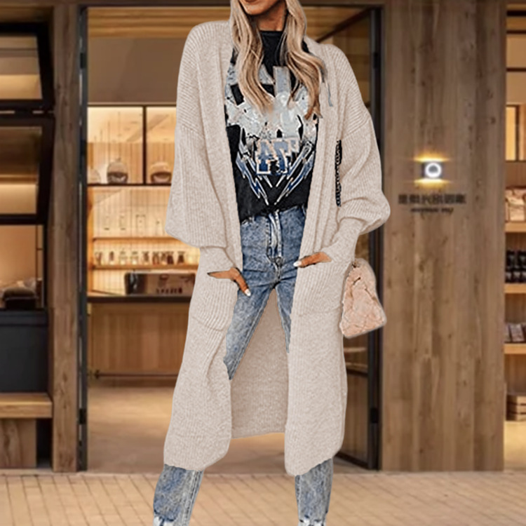 Damen Strickcardigan Mit Taschen Langarm Strickjacke Für Damen_voghion.com