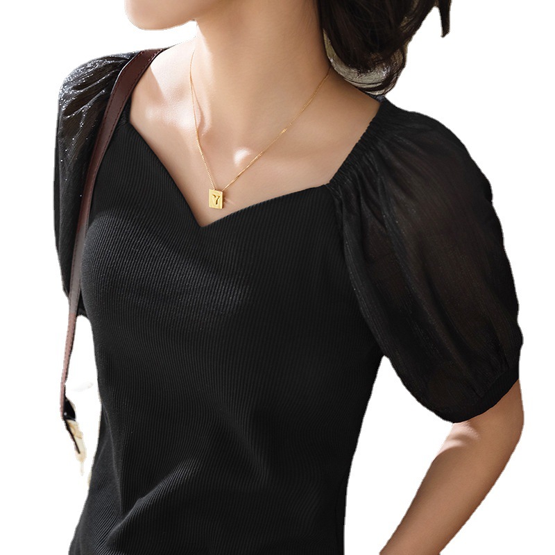 Camiseta modal de manga corta para mujer verano 2023 nueva Camiseta de algodón con costura de gasa para mujer Camiseta de cuello cuadrado de clavícula francesa