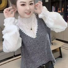 洋气大码女装春夏打底衫胖mm上衣拼接时尚显瘦百搭假两件羽毛袖衫