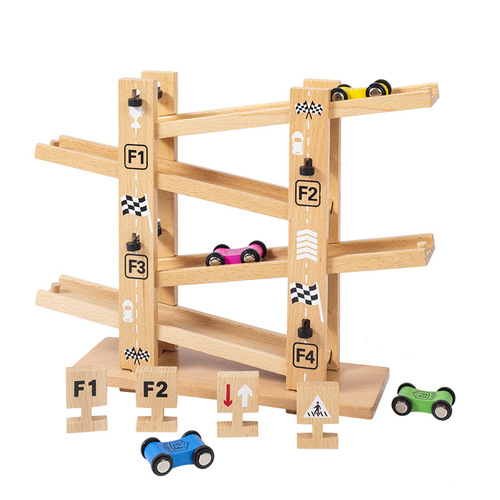 New four-track glide car children's educational assembled track inertia pull-back car creative assembly racing wooden toy