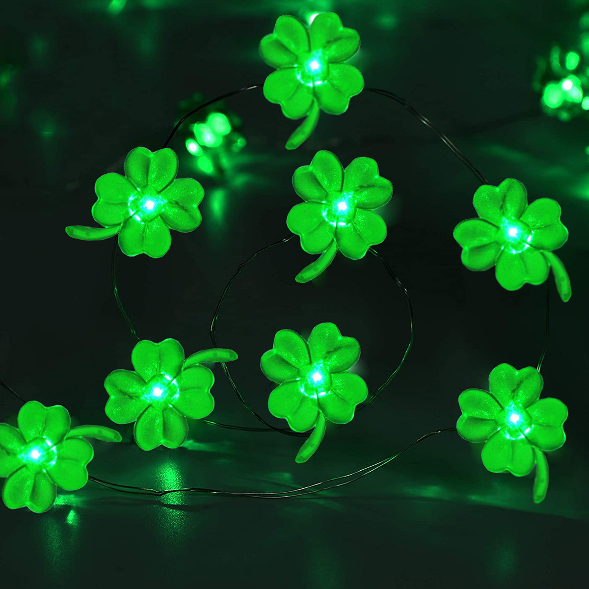 爱尔兰节四叶草灯串 圣帕特里克LED绿色幸运草铜线灯串帽子灯严选