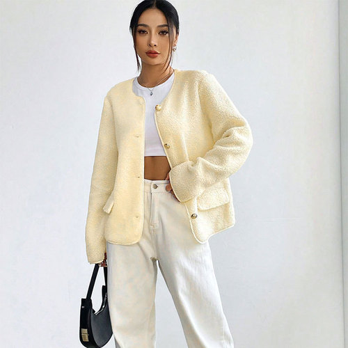 AC672 Western European French Cross-Border Early Spring New Style Plush Material Casual Fashion Loose Solid Color Crew Neck Cardigan Jacket for Women