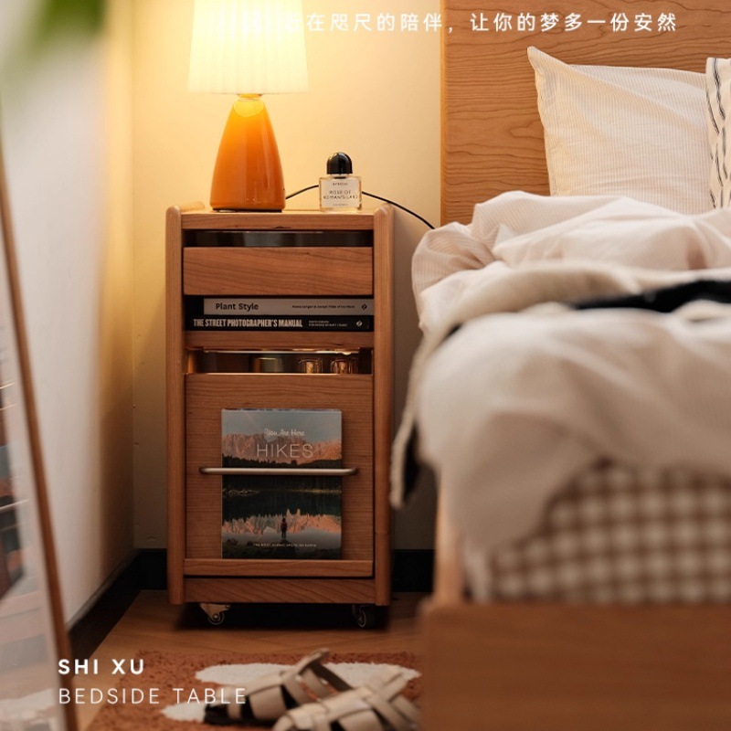 /时序床头柜/极窄床头柜小型日式樱桃木家具可移动收纳柜