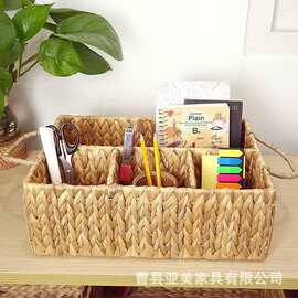 跨境水葫芦草编收纳篮客厅遥控器杂物干果盒桌面分格化妆品香水篮