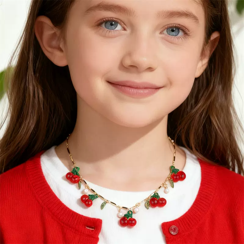 跨境项链女童法式水果樱桃蝴蝶结金属爱心项链时尚百搭款儿童项饰