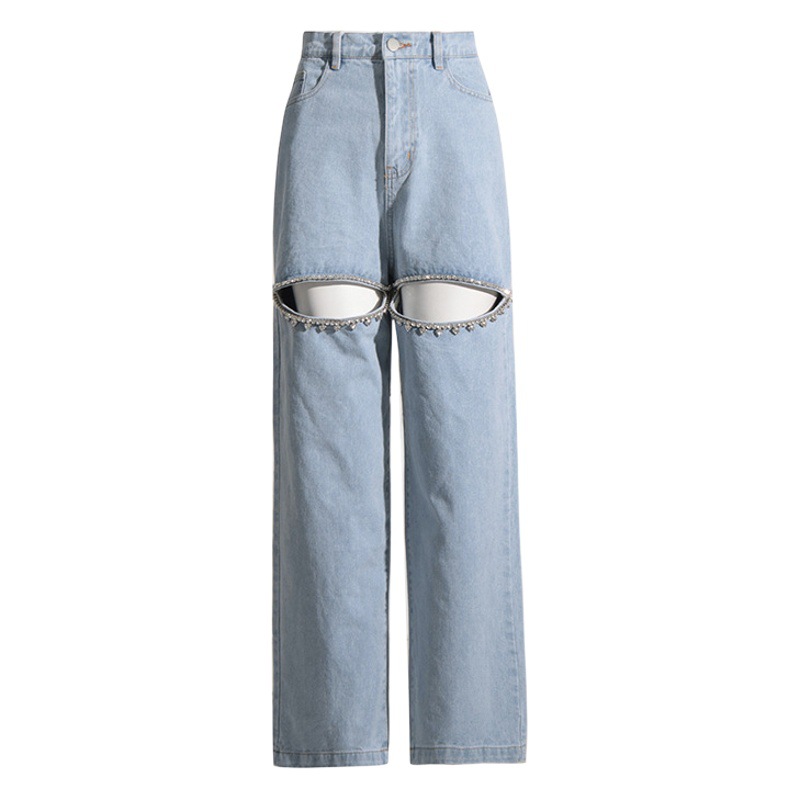 Vaqueros de nicho europeos y americanos, nueva colección primavera 2026, estilo largo de cintura alta con diseño hueco de pedrería, pantalones anchos de color liso para mujer.