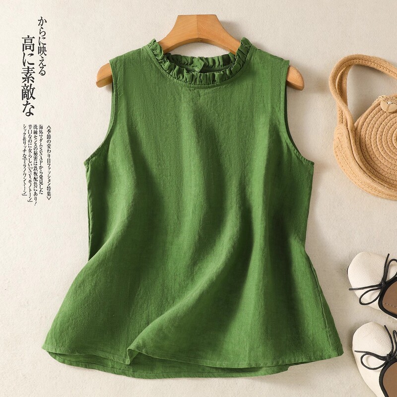 Vintage Cotton and Linen Small Vest Top Women's Sleeveless Inner Shirt Summer New Outer Wear Ear Collar Base Shirt