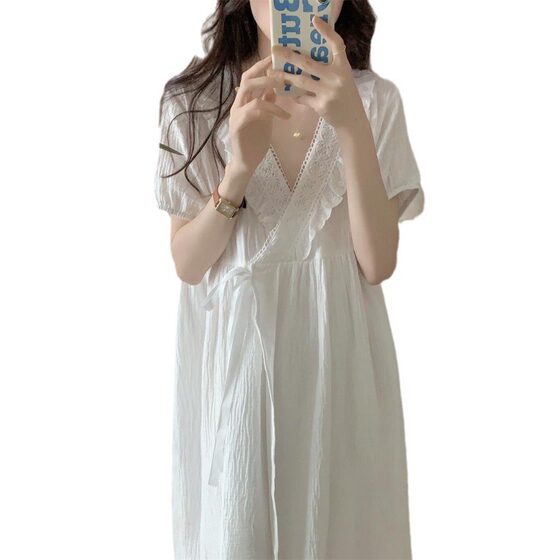 Korean Style Ins Women's Summer New Pajamas Women's Korean Style Minimalist Casual Comfortable Lace-up Nightgown Home Clothes