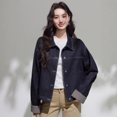 港风深蓝色格子拼接袖牛仔外套女长袖2025春秋款polo领单排扣夹克