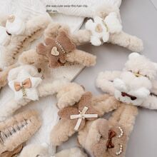 13cm秋冬新款奶咖色毛绒小熊花朵蝴蝶结抓夹可爱钻石鲨鱼夹后脑勺