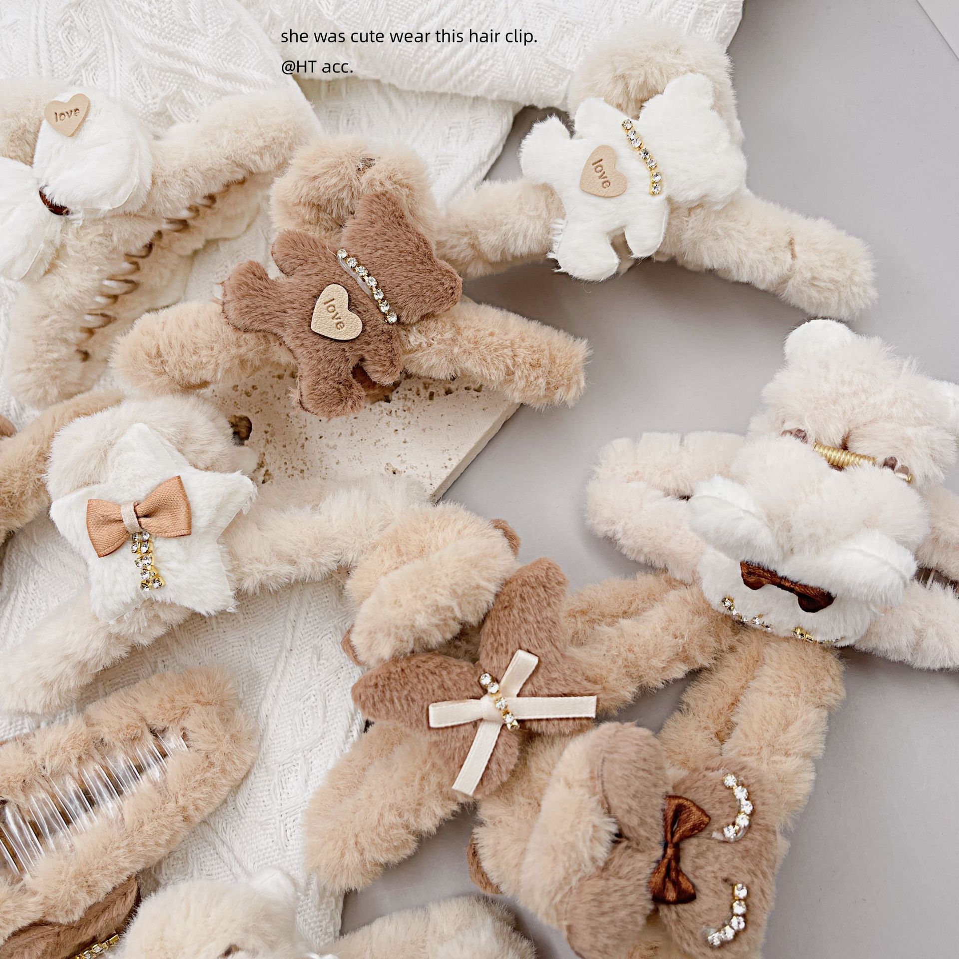 13cm秋冬新款奶咖色毛绒小熊花朵蝴蝶结抓夹可爱钻石鲨鱼夹后脑勺