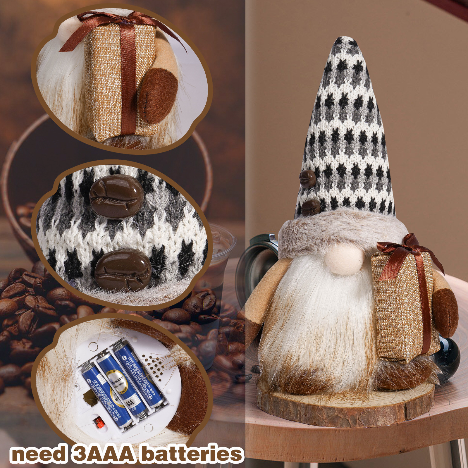 Nuevos productos transfronterizos de café luminoso muñeca sin cara encantadora bolsa de café de punto con luces del duende Rudolph decoración