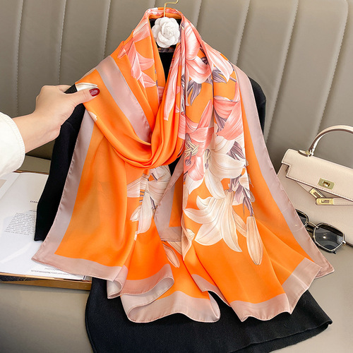  New Retro Printed Silk Scarf Women's Fashion Simulated Silk Summer Sunscreen Shawl Gauze Beach Towel Outerwear
