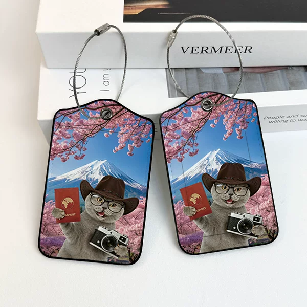 Not Easily Deformed Pu Leather Luggage Tags, 2-Piece Set, Travel Cherry Blossom Cat Boarding Pass, Cat House Anti-Theft Metal Ring Id