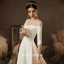 轻婚纱法式缎面轻婚纱一字肩新款新娘气质简约出门礼服裙一件代发