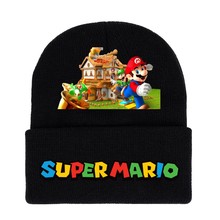 马里奥Mario针织帽超级玛丽黑色印花简约毛线帽秋冬保暖护耳帽子