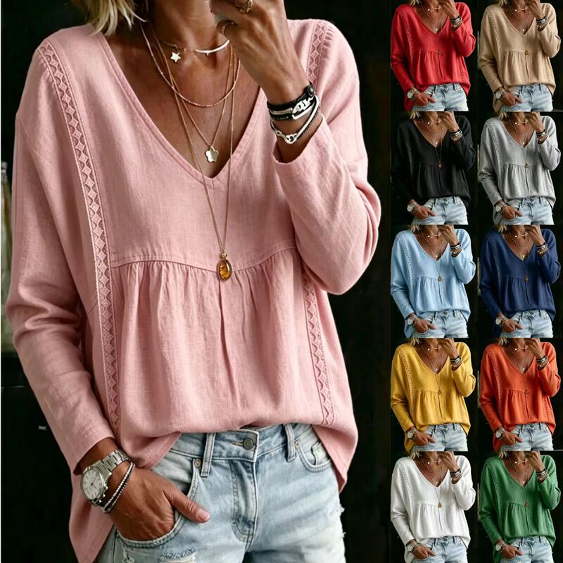 2026 New Foreign Trade Cross-Border Early Autumn Women's Clothing Lace V-Neck Pullover Solid Color Women's Casual Long-Sleeve Top Shirt 2026 New Foreign Trade Cross-Border Early Autumn Women's Clothing Lace V-Neck Pullover Solid Color Women's Casual Long-Sleeve Top Shirt