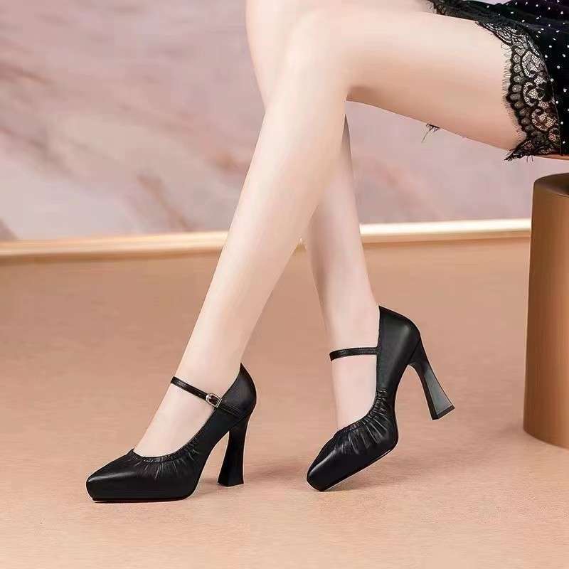 チャイナドレスモデルキャットウォークハイヒール女性の足が疲れにくい防水プラットフォーム厚いヒールソフト牛革シングルシューズポインテッドトゥ作業靴|undefined