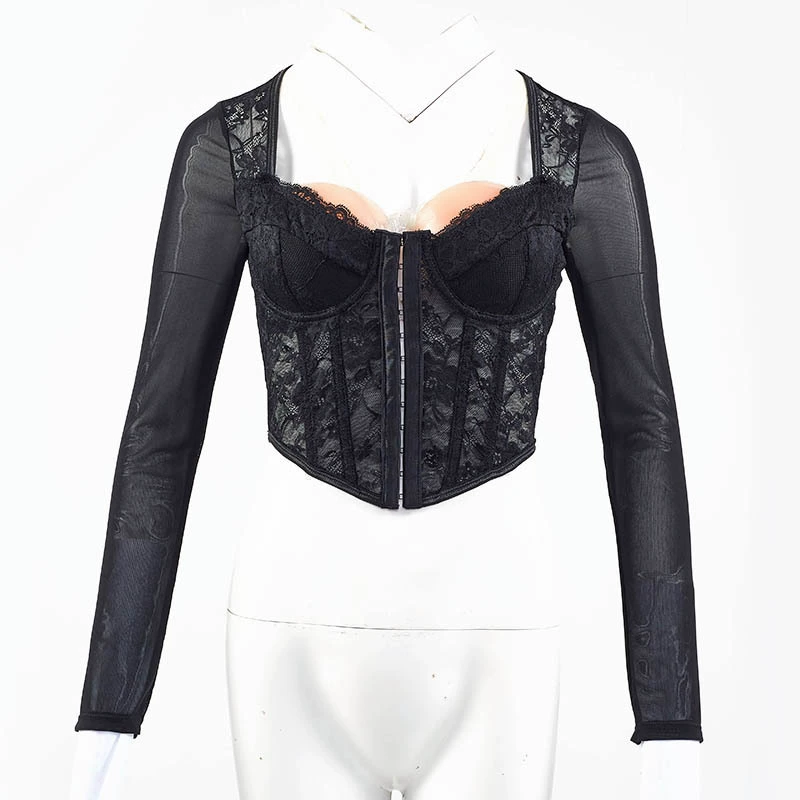 Европейский и американский трансграничный сексуальный кружевной облегающий прозрачный сетчатый корсет на пуговицах с низким вырезом в уличном стиле