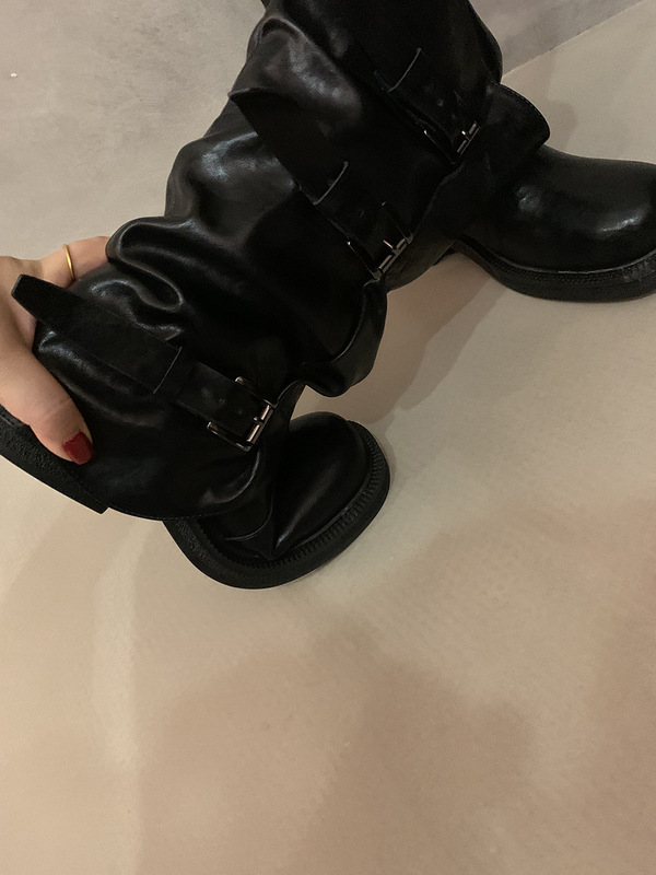 牛皮小众复古粗跟中高筒靴西部牛仔堆堆靴骑士靴马丁靴法式女靴子|undefined