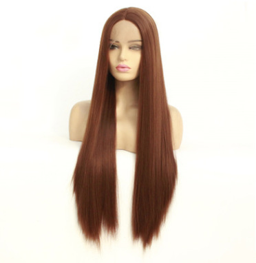 Peluca europea y americana popular marrón 8 # corte medio largo cabello liso fibra química frente encaje fábrica al por mayor LW0051