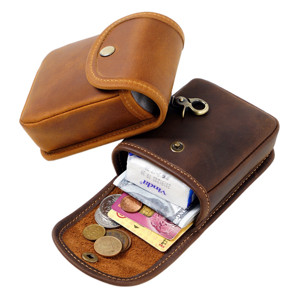 New Cowhide Small Waist Bag, Crazy Horse Leather Coin Purse, Men's Mini Key Bag, Cigarette Bag, Retro Waist Hanging Cosmetics Bag