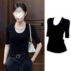 2025夏季新款黑色修身U领T恤女设计感掐腰打底衫气质五分袖上衣潮