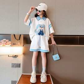 女童韩版夏装运动套装儿童2024新款洋气卡通POLO衫上衣短裤两件套