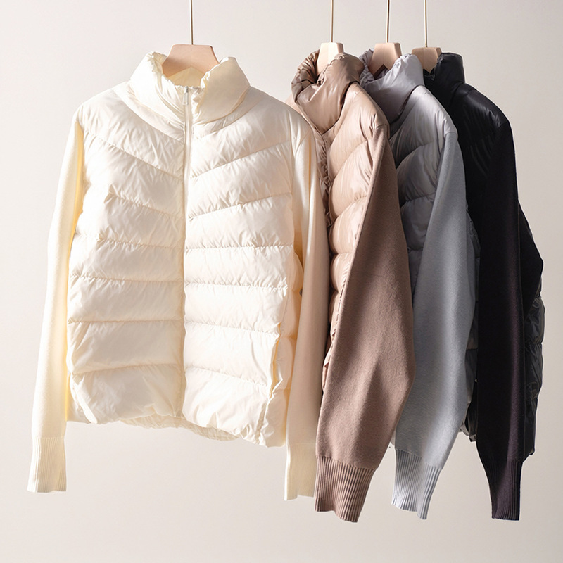 New knitted patchwork down jacket for women, featuring a simple and stylish design, a short cardigan style, and a warm, insulated lining for winter New knitted patchwork down jacket for women, featuring a simple and stylish design, a short cardigan style, and a warm, insulated lining for winter