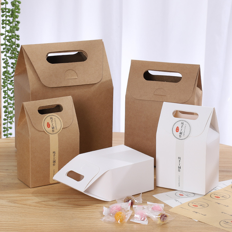 Portable Kraft Paper Bag Biscuit Cookie Macaron Cake Box Flip-Top Packaging Box Simple Nougat Cookie Box