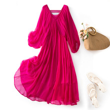 重工褶皱设计感宽松2025年夏装新款真丝红色法式连衣裙子女85120