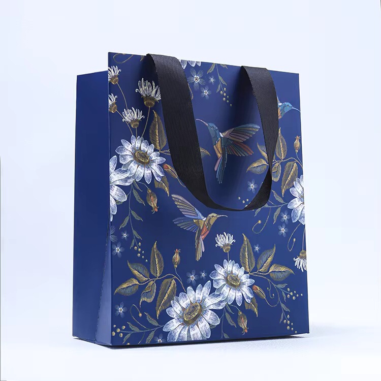 Jieyi Customized Paper Bags, Gift Bags, Tote Bags, Navy Blue Floral Paper Bags, with Uv and Gold Foil Packaging
