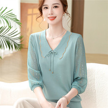 妈妈春装新款时尚纱袖小衫洋气上衣中老年女春夏冰丝七分袖T恤薄
