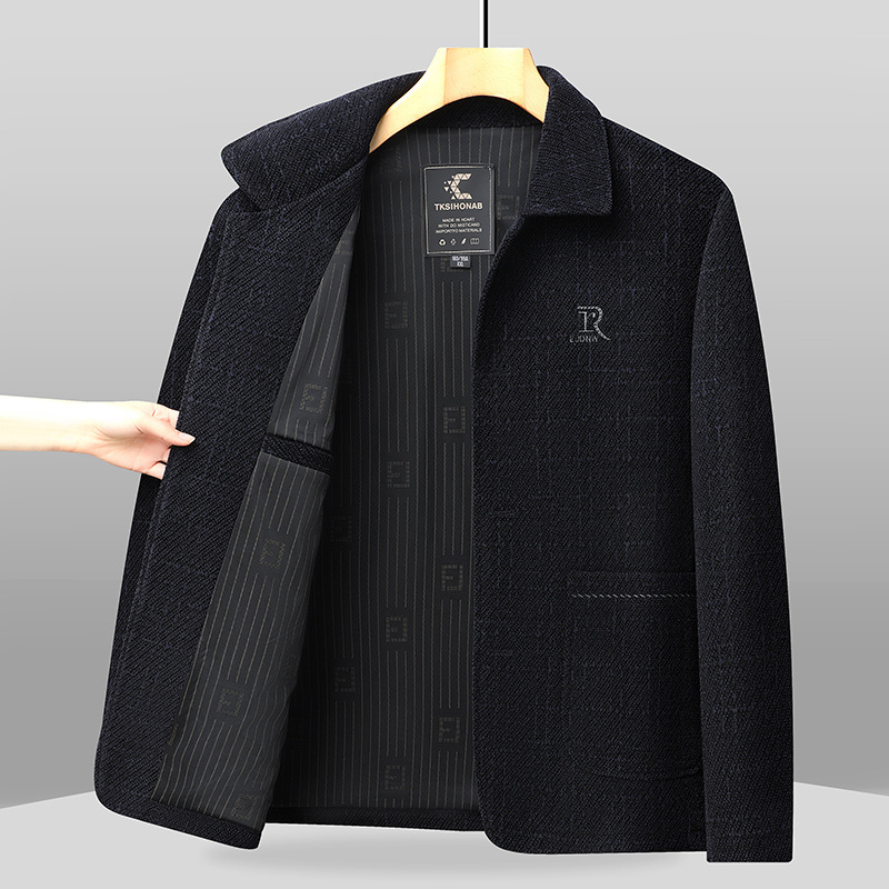 Venta al por mayor primavera y otoño hombres de mediana edad y ancianos ropa fina para papá chaqueta de chenilla casual con cuello alto chaqueta botones de negocios