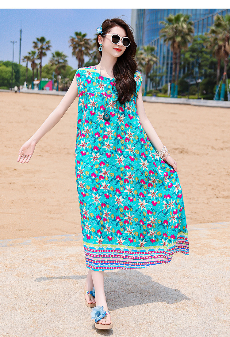 2025 New Cross-Border Plus Size Bohemian Beach Long Cotton Floral Women's Summer Dress_ecoleips.com