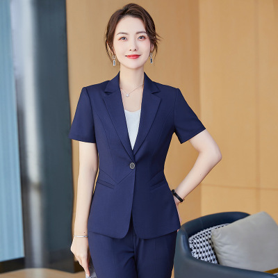 春夏薄款短袖灰色西装套裙修身职业套装女西服物业办公室文员工服