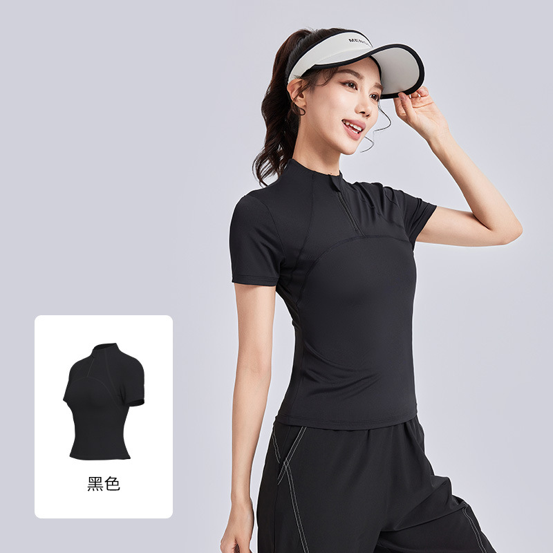 Juyi Tang primavera y verano nuevo estilo al aire libre correr yoga camiseta de manga corta con medio cremallera adelgazante alta ropa de fitness elástica