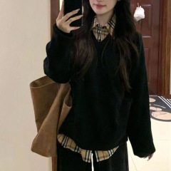 假两件套甜美慵懒风复古宽松遮肉针织套头毛衣女学生叠穿格纹衬衫