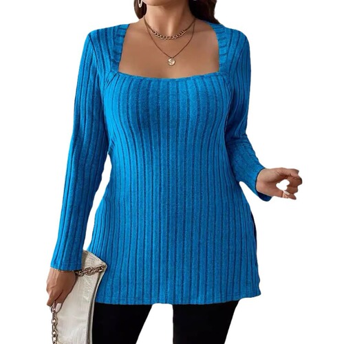 Autumn and winter independent station new women's clothes pure color pit strip sanded square collar long-sleeved shirt