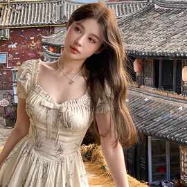 法式小众设计蝴蝶结碎花连衣裙女2024新款夏季收腰气质小个子短裙