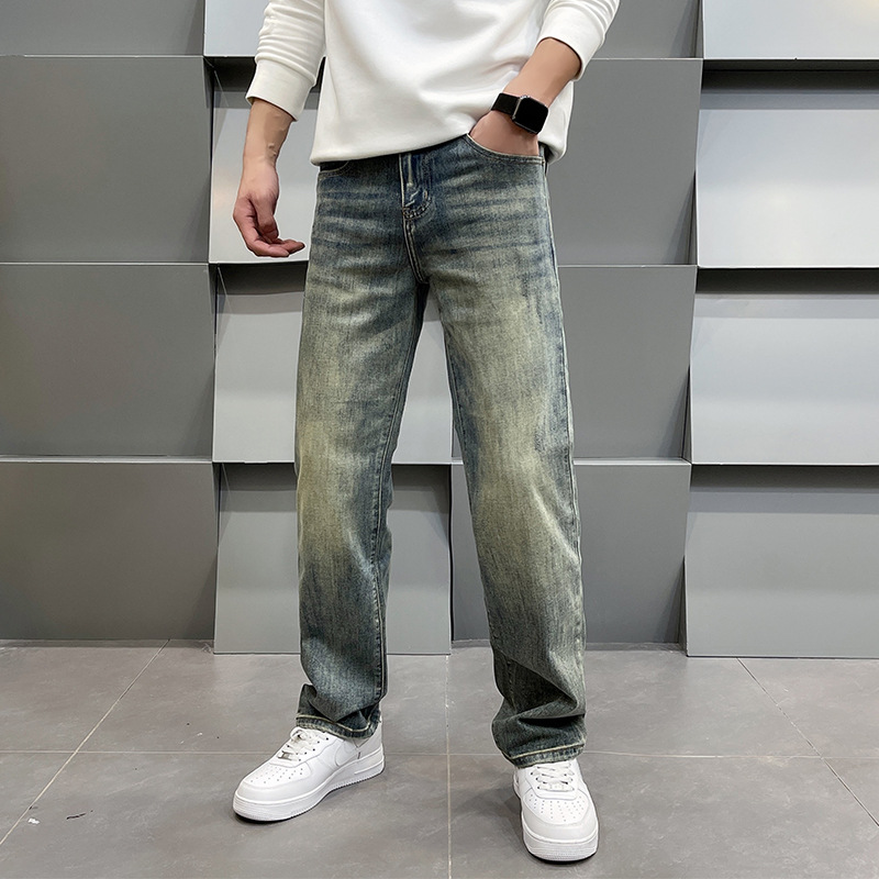 Men's Clothing Spring Retro High-End Printed Blue Jeans Loose Fit Straight Leg Casual Pants For Men_mkmklike.com