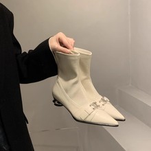 法式及踝靴女靴子2025秋冬新款小香风气质尖头短靴低跟弹力瘦瘦靴