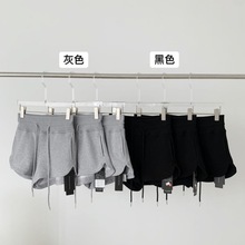 灰色宽松阔腿短裤女夏季2022年新款设计感高腰抽绳休闲直筒运动裤