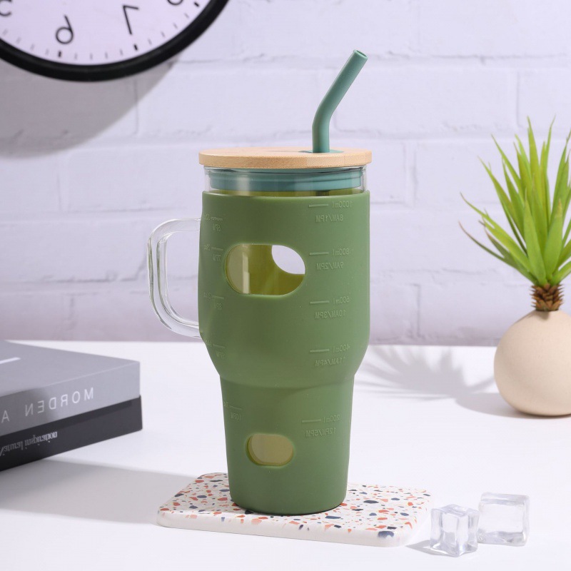 Taza de vidrio de 30oz, cubierta de silicona a prueba de caídas, taza de paja de gran capacidad con mango, taza de menú de hielo