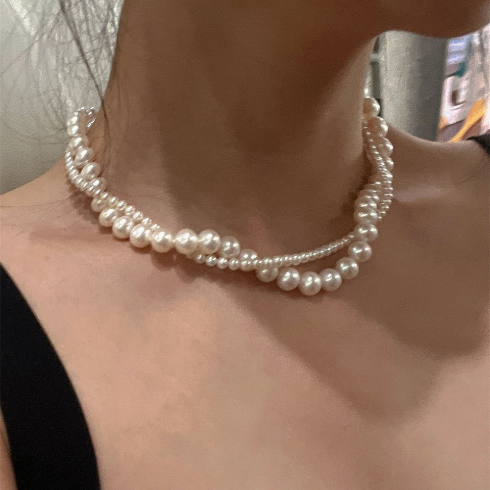C080 European and American Simple and Elegant Accessible Luxury Elegant Versatile Multi-Layer Double-Layer Pearl Necklace Women's Winding Neck Chain Clavicle Chain