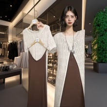 中长款镂空连衣裙设计春季新款气质短袖开叉针织宽松过膝背心罩衫