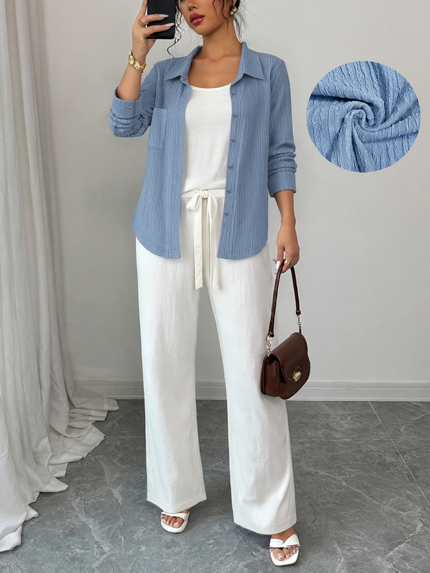 3-Piece Spring Summer Casual Set, Relaxed Cardigan, Sleeveless Top & High-Waisted Wide-Leg Pants, Comfortable Outfit For Women_ecoleips.com