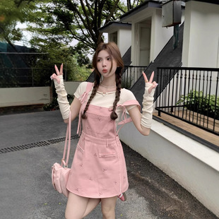plus size Women's chubby girl Sweet Cool Dopamine Pink Summer Age-reducing Wear T-shirt Butterfly Embroidered Strand Dress